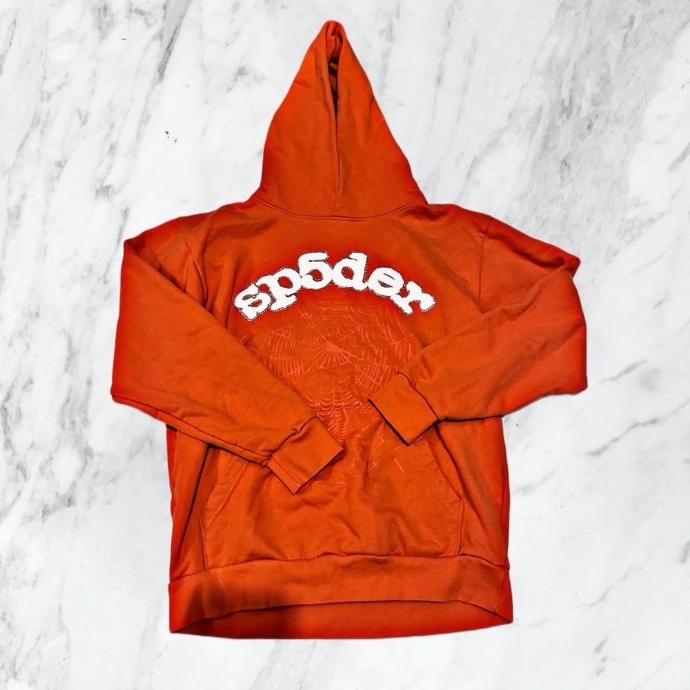 MENS SP5DER ORANGE WEB HOODIE SIZE L